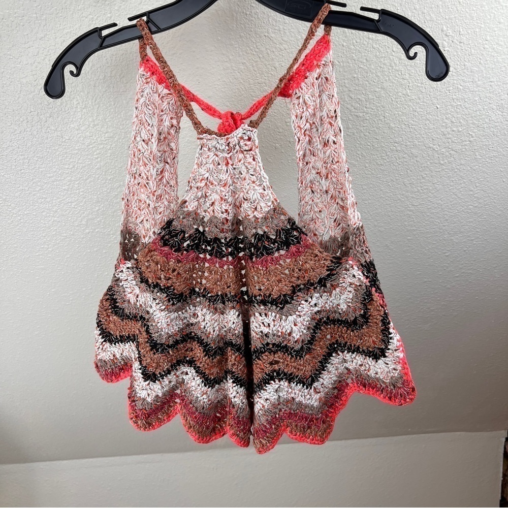 ANTHROPOLOGIE Crocheted Halter Top. Size Large. Orange,brown,black zigza…